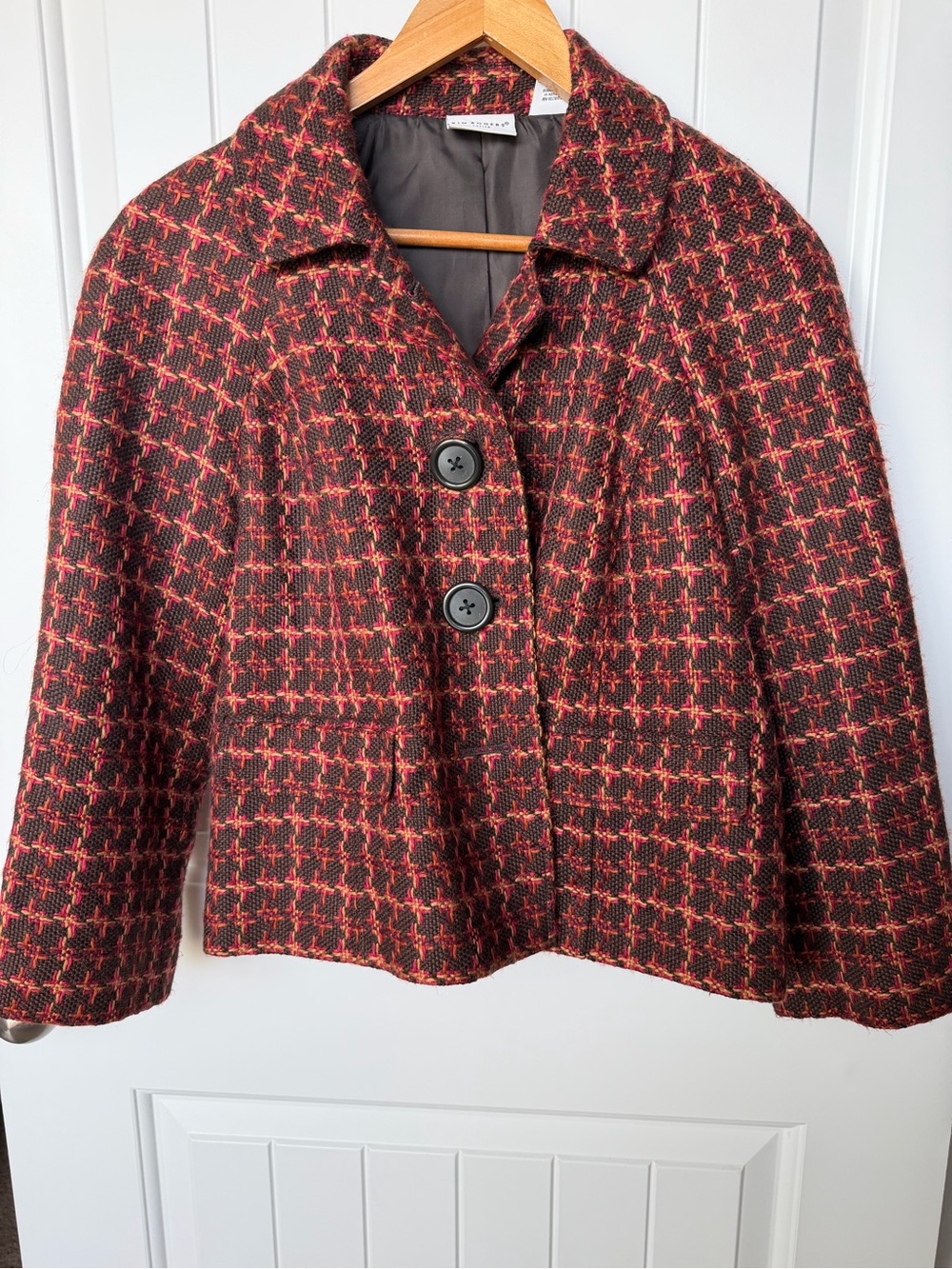Kim Rogers Red and Brown Houndstooth Short Blazer